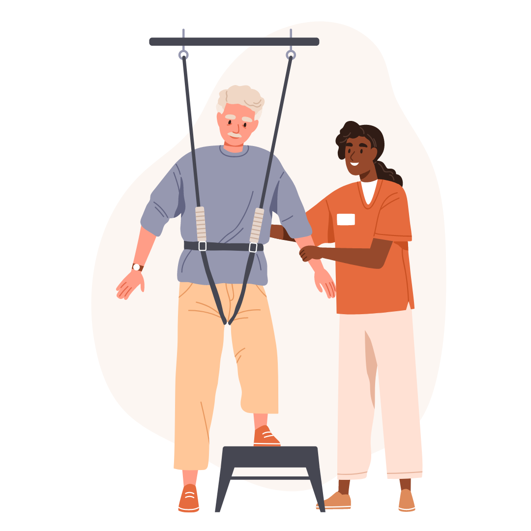 Physiotherapeutin zeigt einem Herrn die Schaukelübung mit Hocker